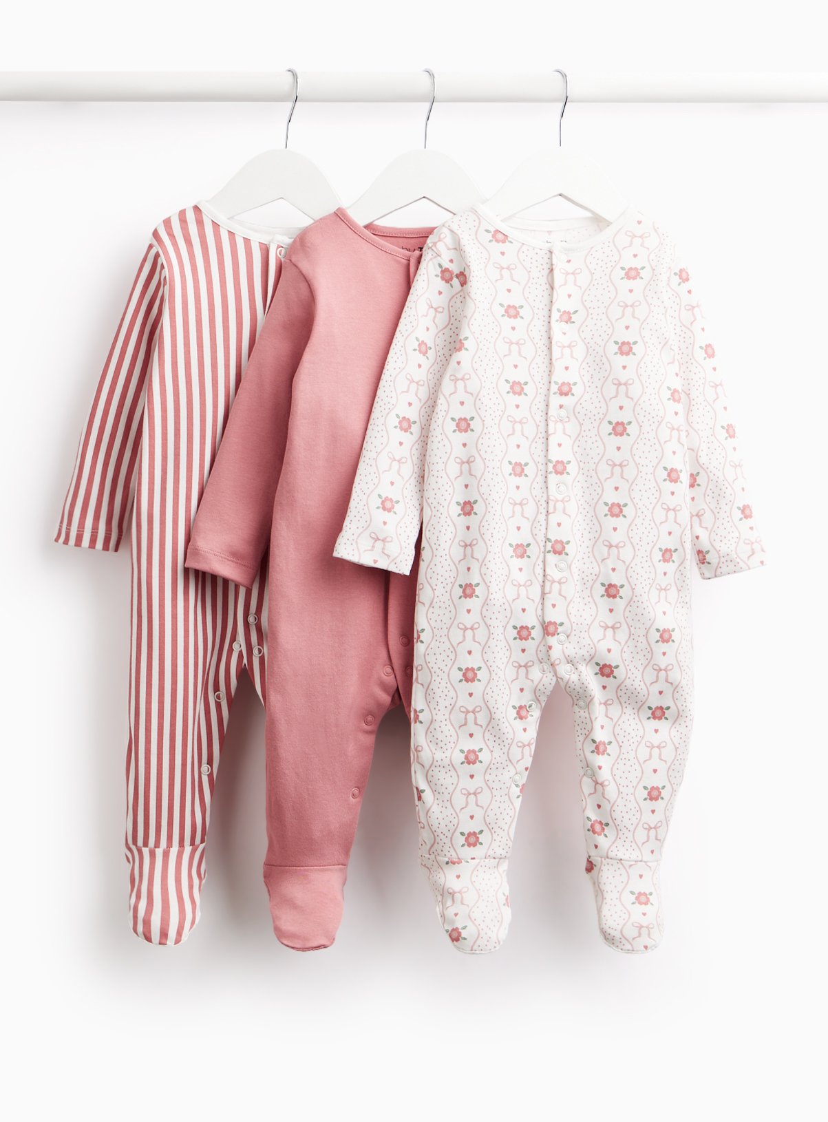 Flower, Bows & Stripes Sleepsuits 3-Pack  Newborn - Image 1 thumbnail